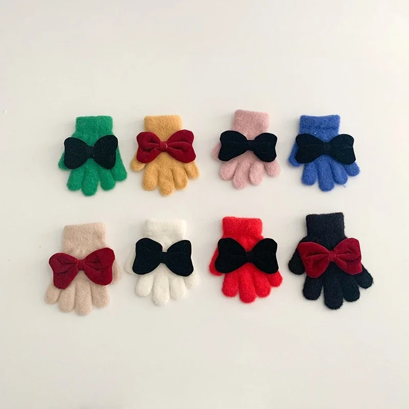 1 Pair Chic Sweet Bow Young Kids Glove Fashion Korean Warm Furry Finger Glove Cute Autumn Winter Outdoor Thicken Plush
