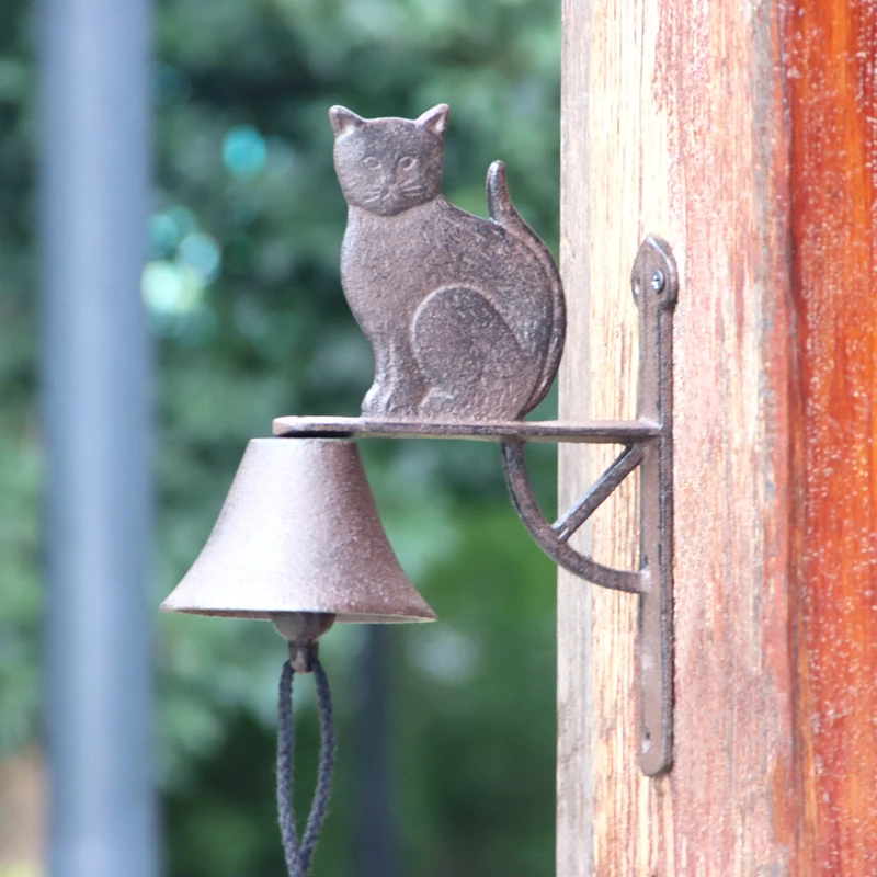 Rustic Cast Iron Cat Wall Hand Cranking Bell Double-sided Farm House Accents For Home Garden Office Bar Outdoor Decoration 3