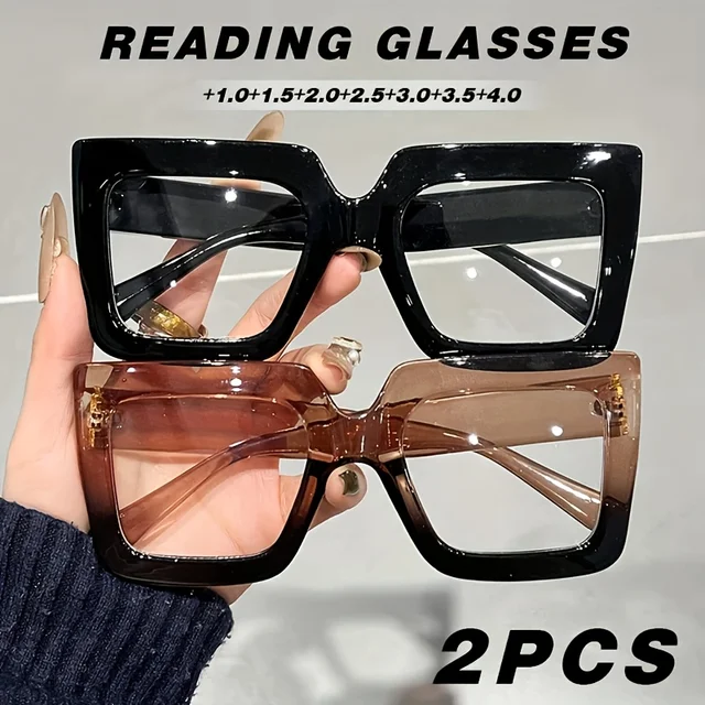 2 Pcs Large Square Reading Glasses Classic Fashion Anti-Blue Light Reading Eyeglasses Foldable Comfortable Presbyopia Eyewear