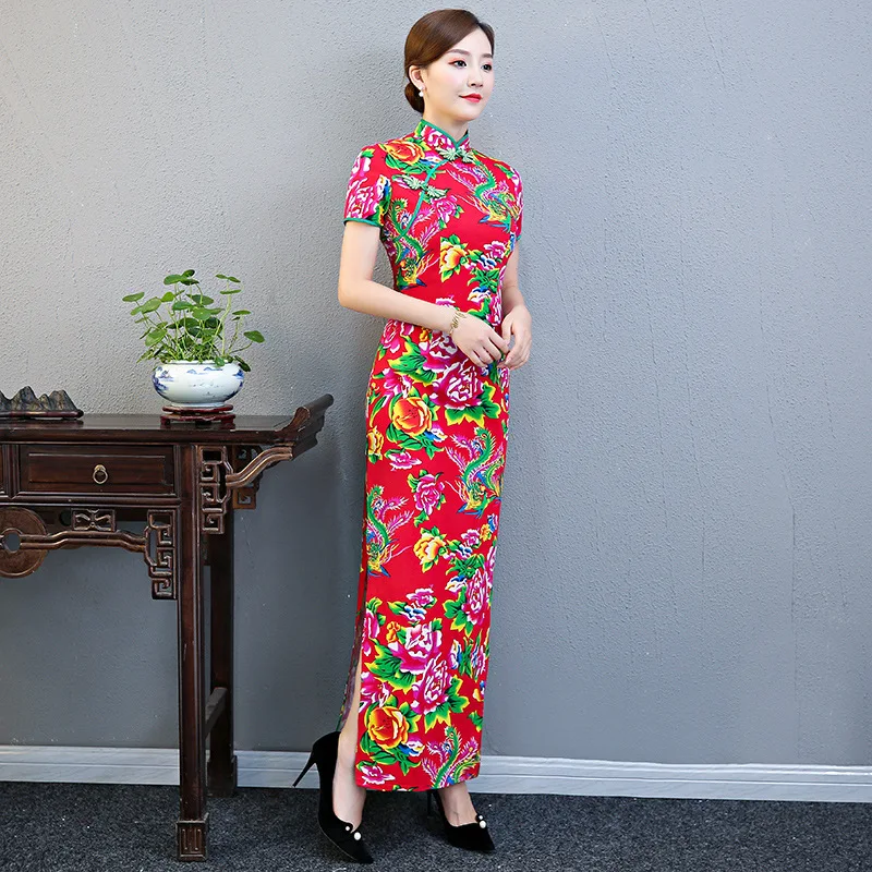 

Women Red Floral Cheongsam Plus Size Northeast Big Flower Chinese National Long Dress Vintage Traditional Improved Casual Qipao