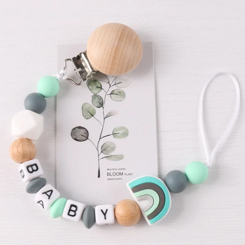 Custom English Letter Name Silicone Rainbow Beads Baby Pacifier Chain Clip Teether Pendants Kawaii