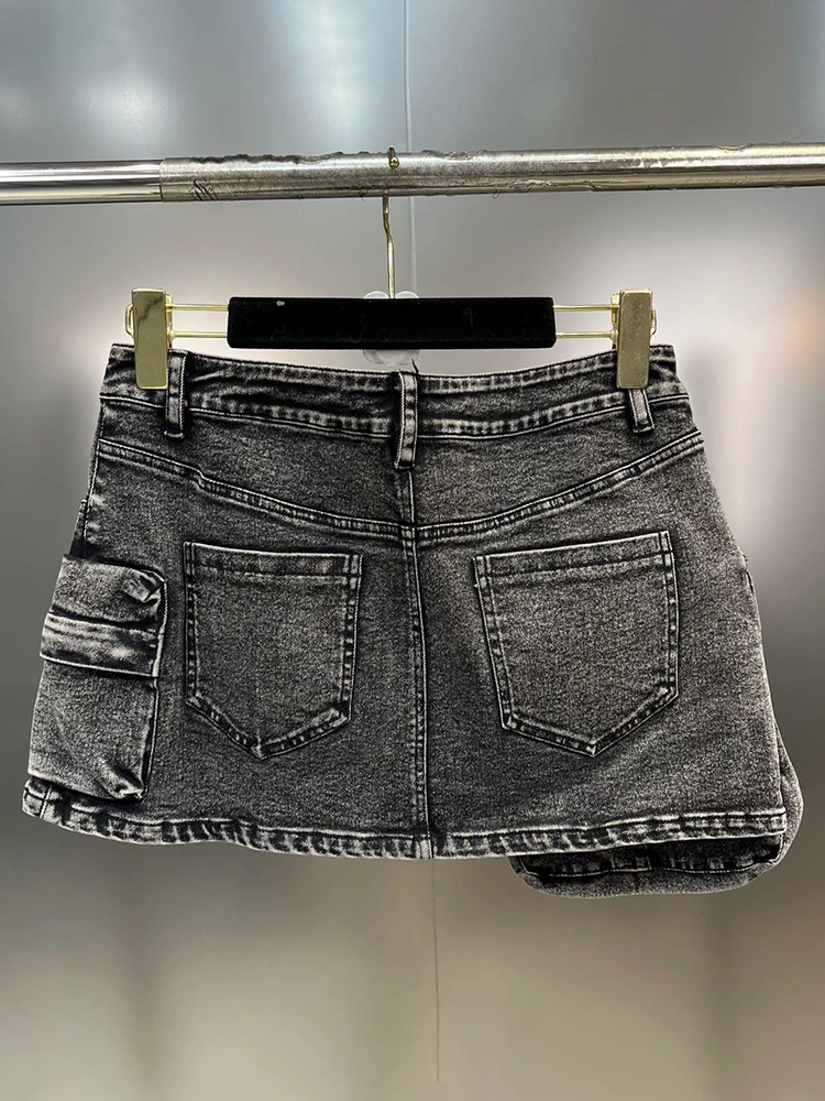 VGH Denim Two Piece Set For Women Lapel Long Sleeve Crop Tops High