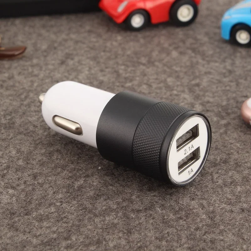 범용 듀얼 USB 자동차 충전기 어댑터, 금속 평면 휴대 전화 범용 충전 2.1V 소형 강철 대포 자동차 충전