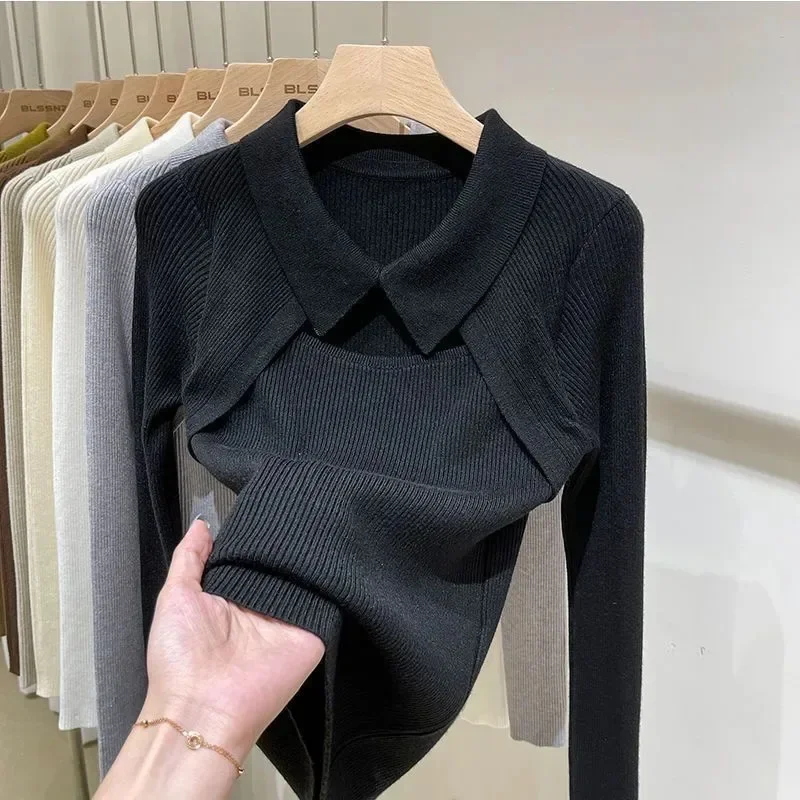 Hotsweet Sweater Hollow Polo Neck Slim Thin Women\'s Knit Long Sleeve Top Pull Jumper Casual Harajuku Undershirt American Hottie