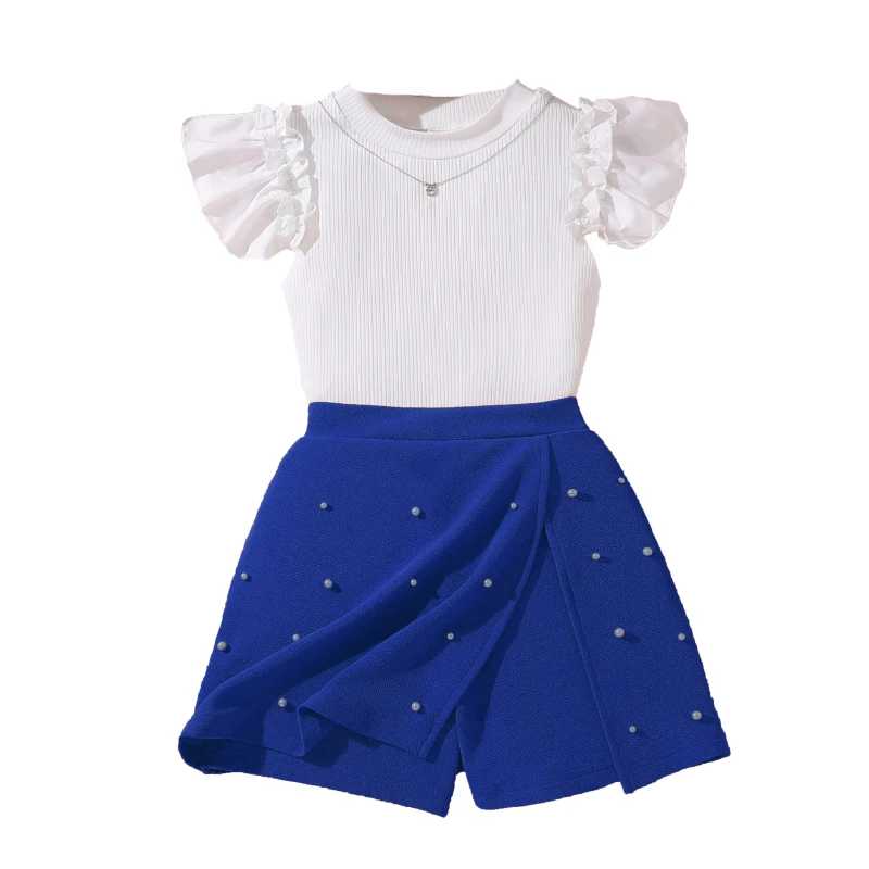 Korean Fashion Summer Outfits For Kids Girls White Short-Sleeved Top And Yellow A-line Shorts Simple Generous Style Daily Suits