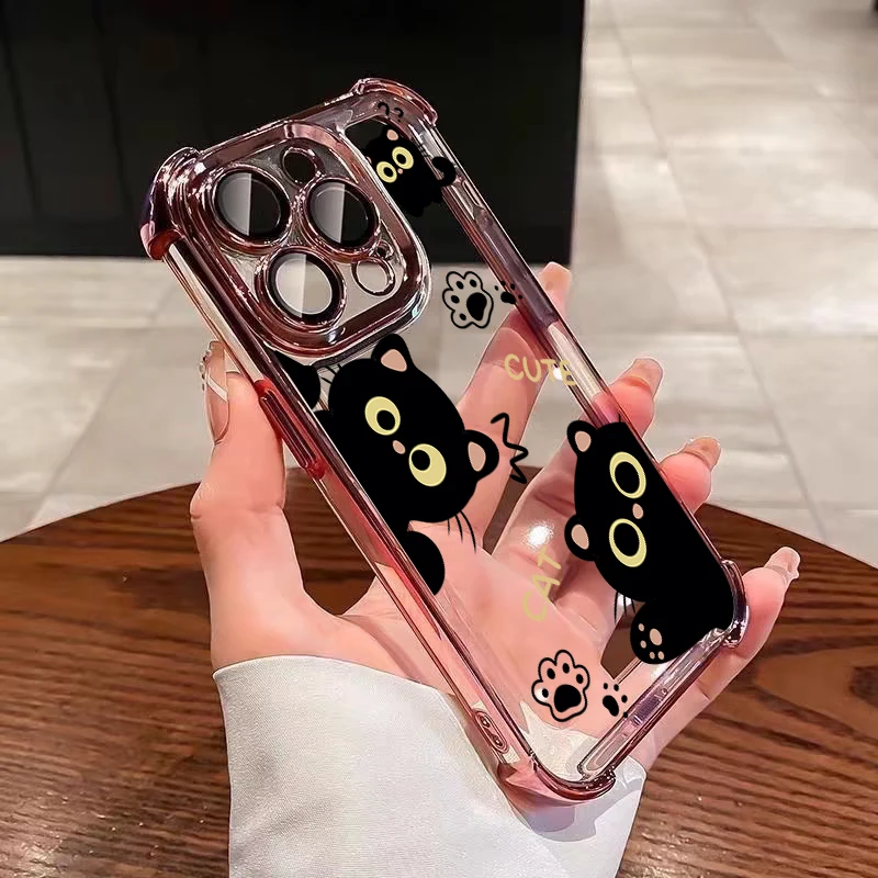 Fashion Plating Cartoon Black Cat Clear TPU Anti-Fall Phone Case