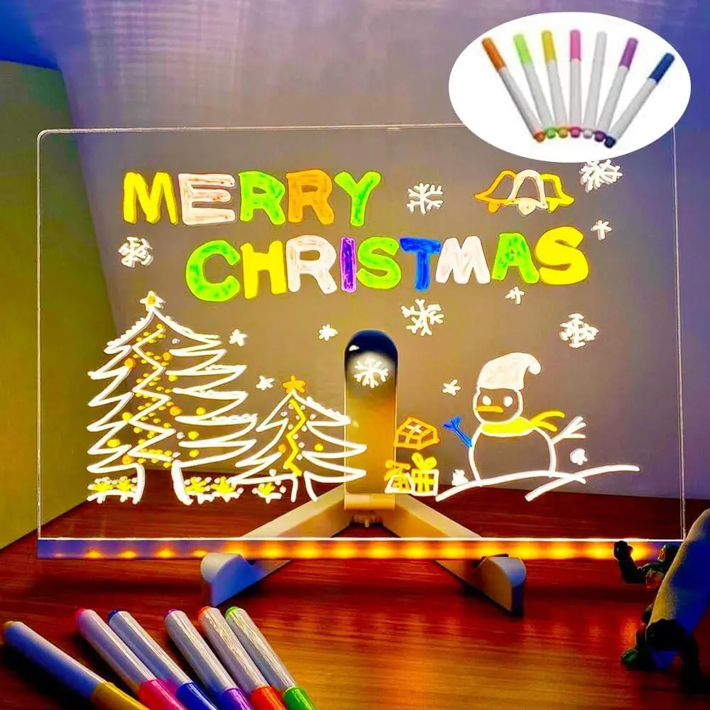 

Luminous LED Letter Message Board DIY Erasable Acrylic Filled Chalkboard Warm Light with 7 Colored Pen Desktop Note Memo Lamp