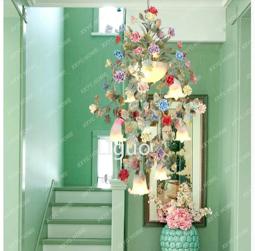 Description Picture 2 of itemArt Floral Chandelier lamp Lustre Light 7L/10L Colorful Ceramic Rose Pendant Chandelier Light Fixture E14 LED AC Home Decoration