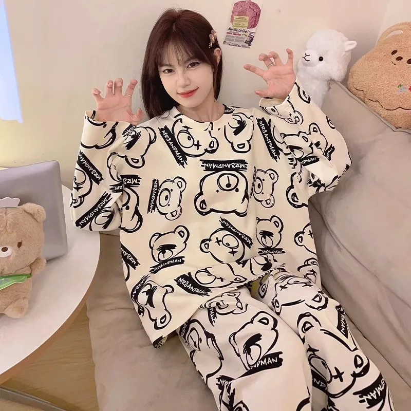 2 Pieces Set Maternity Spring Fall Pajamas Comfortable Cute Cartoon Homewear Pregnant Women's Clothing Long-Sleeved Loungewear 3