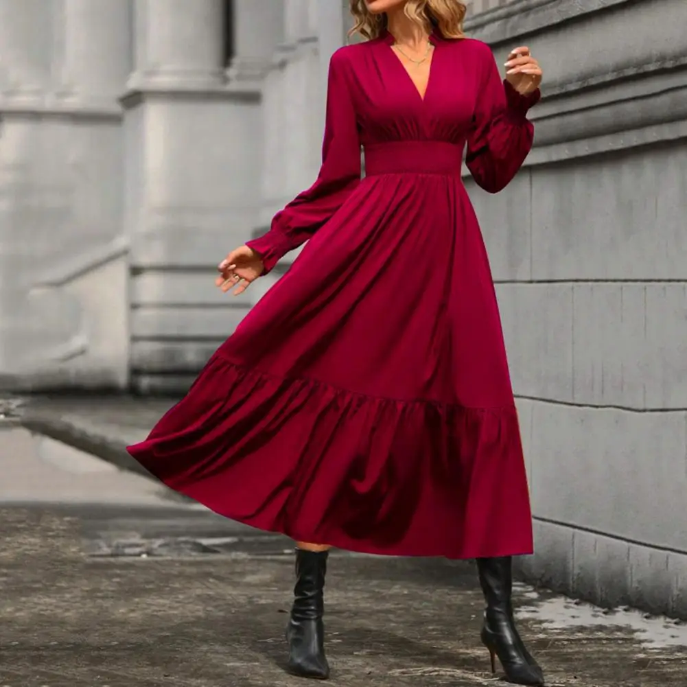 

Pleat Detail Dress Elegant V-neck A-line Midi Dress with Pleated Patchwork High Waist for Women Solid Color Long Sleeve Soft