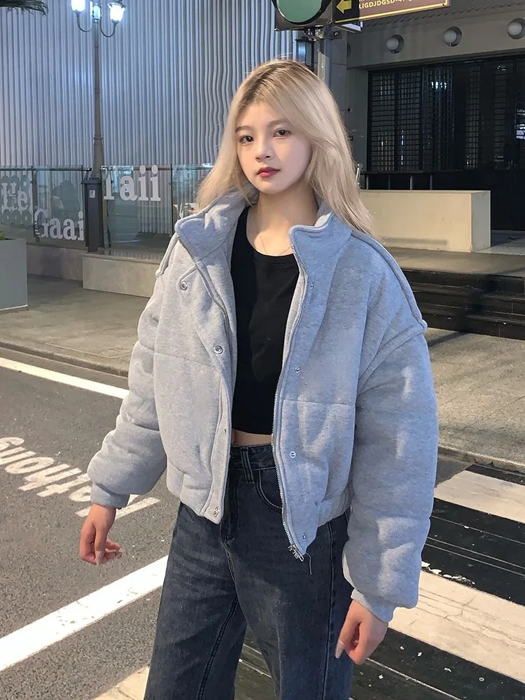 Korean Style High-end Short Gray Cotton Parkas Loose  Warm Thickened Stand Collar Outwear 2023 New Winter Coat Women 4