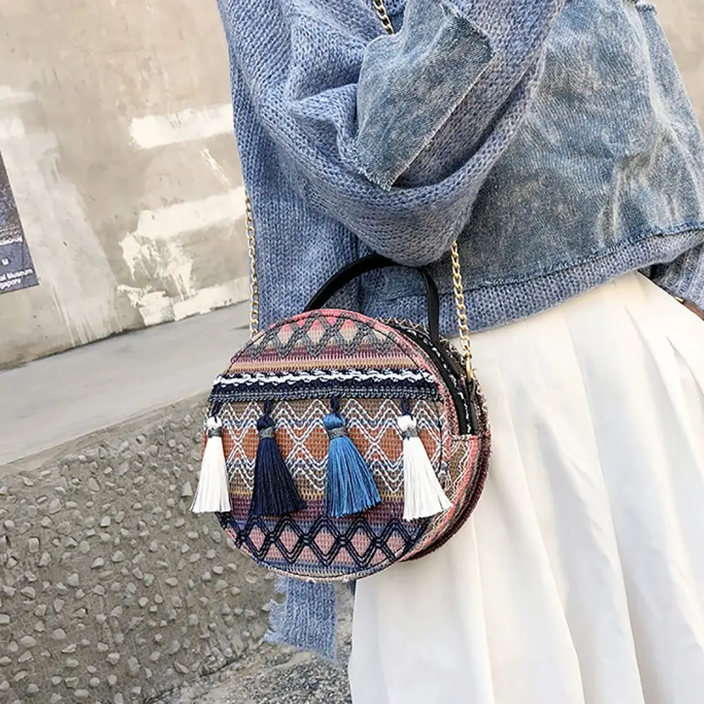 

Strap PU Round Handmade Bag Polyester Bohemian Style Crossbody Bag Apparel Accessories Fashion Shoulder Bag Women Straw Bag