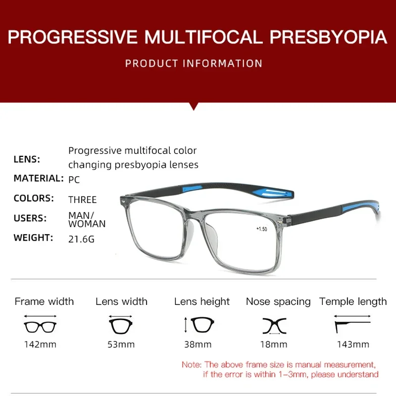 Progressive Photochromic Multifocal Reading Glasses 3 in 1 Outdoor Bifocal Sunglasses TR90 Sports Anti Blue Near Far Eyeglasses 6