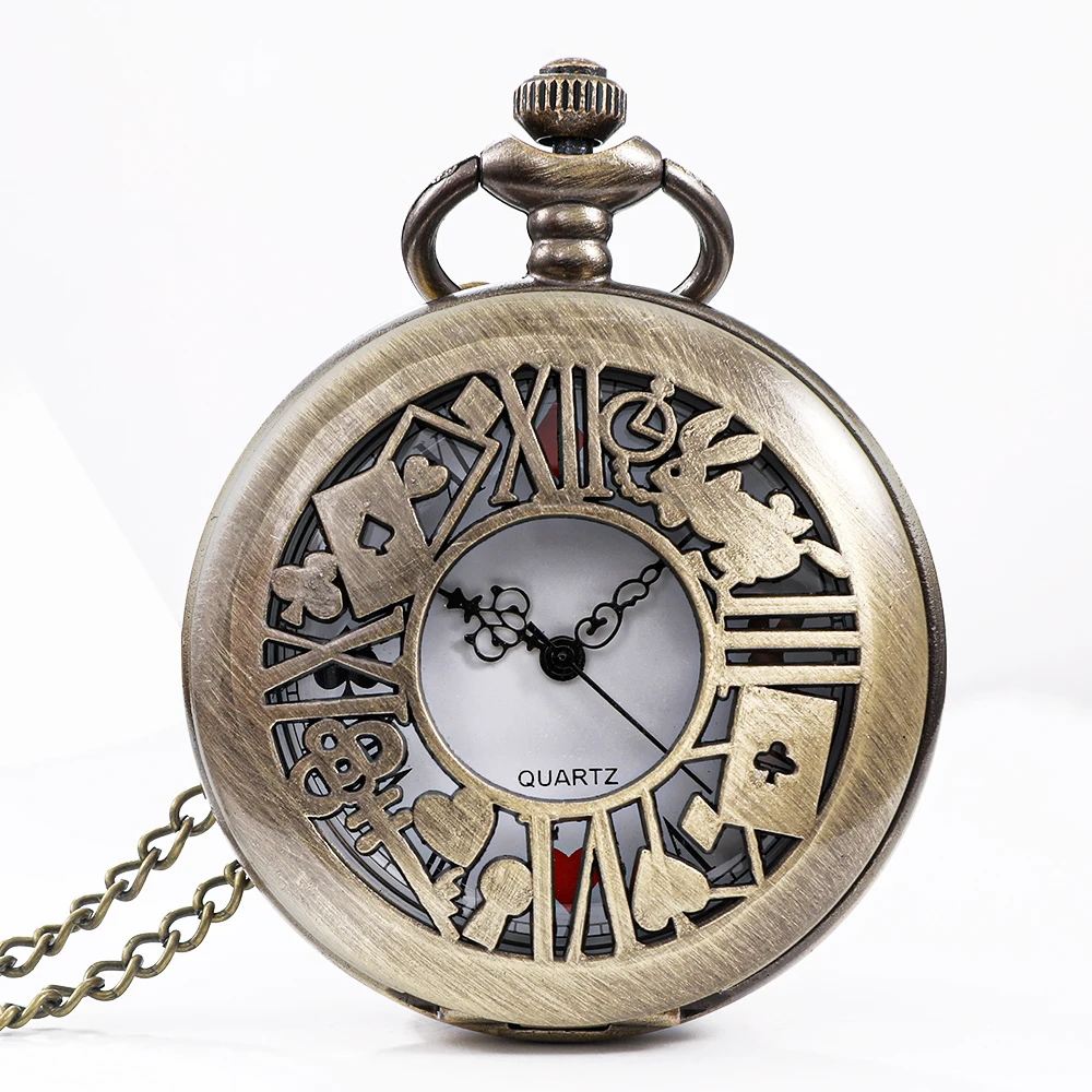 Pocket Watch New Bronze Quartz Pocket Watch Retro Alice Theme Pocket Fob Watch Pendant Necklace Men Womens Gift
