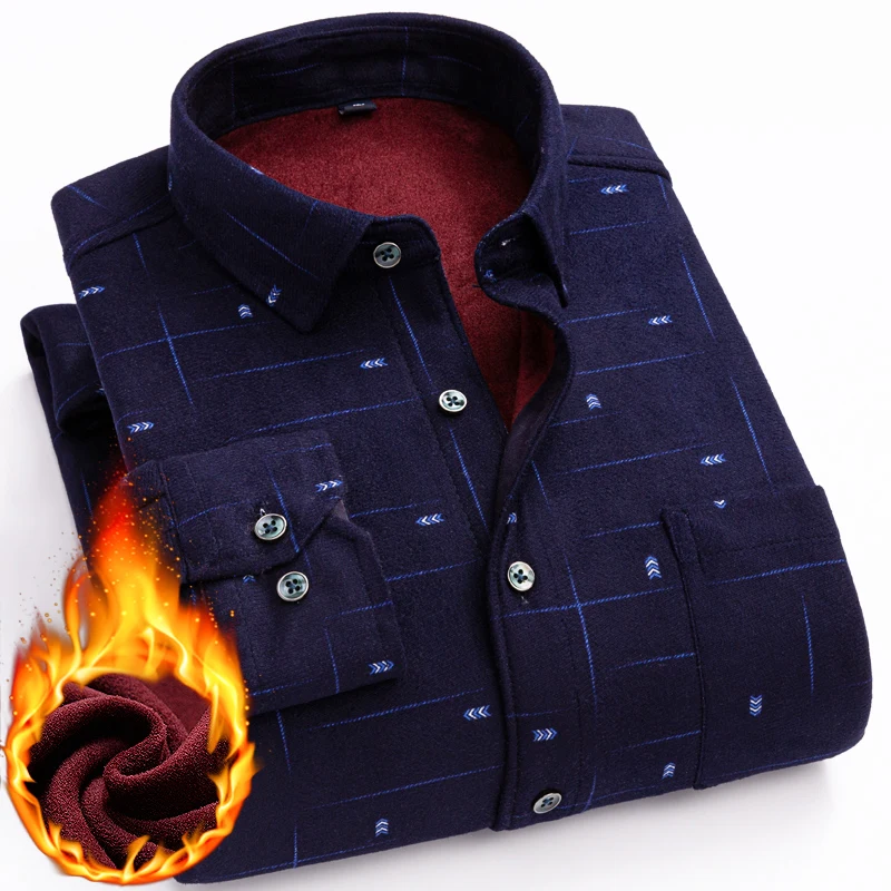 Winter Warm Fleece Long-sleeved Shirt Men's Classic Striped Plaid Printed Business Casual Party Dress Thick Plush Velvet Shirts