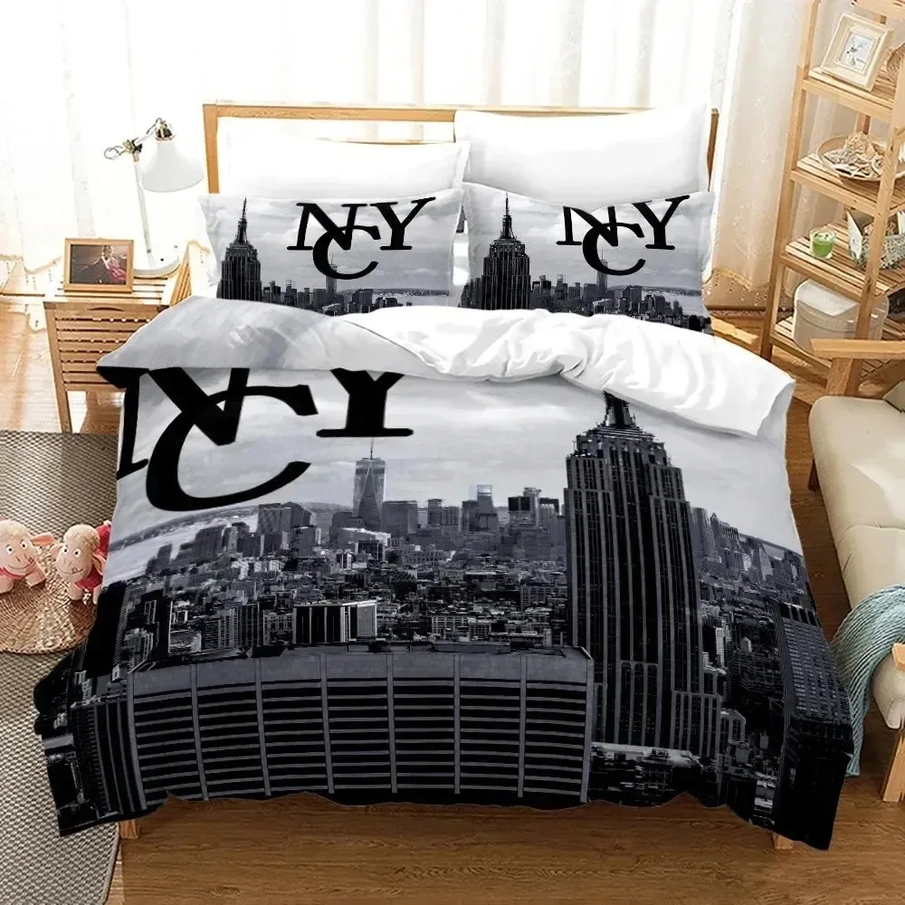 Juego de cama con vista nocturna de ciudad de Nueva York con estampado 3D, funda nórdica, funda de edredón, funda de almohada, edredón king Queen Size para niños y adultos