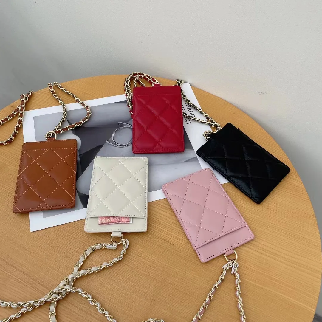 Korean version fashion simple work card set ultra-thin sheepskin mini ID card set genuine leather halter chain card holder