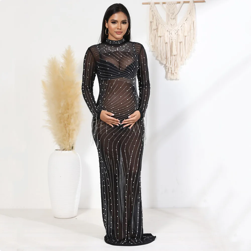 

Pearl Crystals Maternity Photography Maxi Dresses Full Sleeve Stretchy Mesh Pregnant Woman Baby Shower Long Dress
