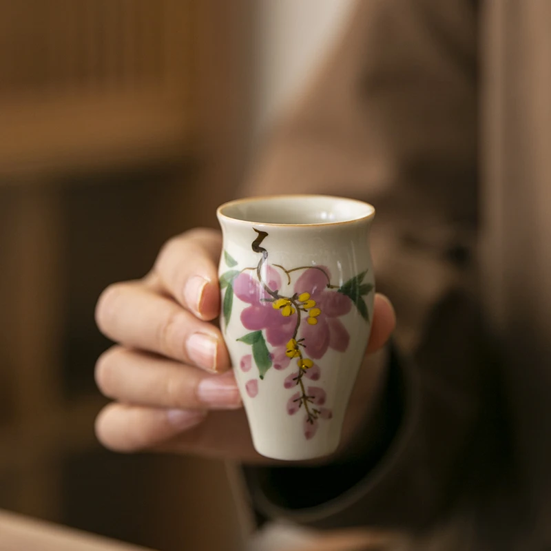 1 Pc Chinese Vintage Hand-painted Flowers Tea Cup Handmade Tea Bowl Household Teaware Travel Personal Master Teacup 55ml