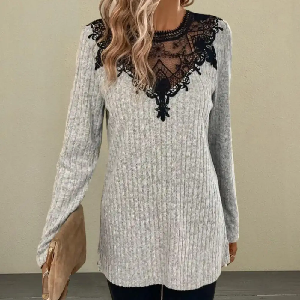

Round Neck Blouse Long Sleeve Shirt Stylish Lace Patchwork Women's Pullover Blouse for Fall Spring Round Neck Long Sleeve Warm