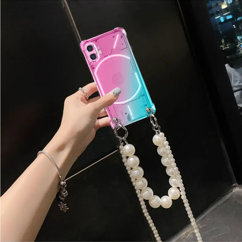 Pearl Chain Crossbody Lanyard Case with Rainbow Gradient Soft TPU Shockproof Cover