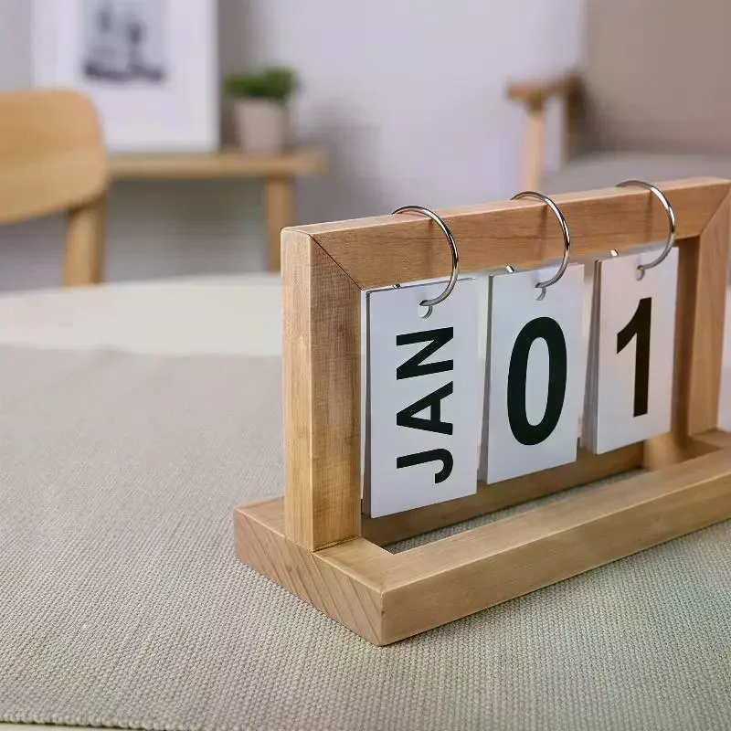 Calendario Perpetuo in Legno con Display a Fogli Mobili per Mese e Data, Pianificatore Giornaliero da Scrivania, Decorazione per Ufficio e Casa, Accessorio per Fotografia