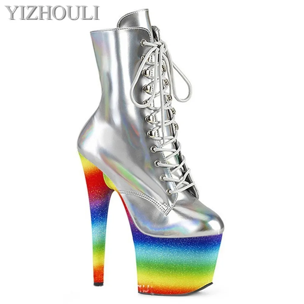 

17cm runway pole dancing heels, Europe and the United States super high rainbow glitter waterproof platform ankle boots women's