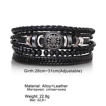 4Pcs/ Set Braided Wrap Leather Bracelets for Men Vintage Life Tree Rudder Charm Wood Beads Ethnic Tribal Wristband Rope Bracelet 2