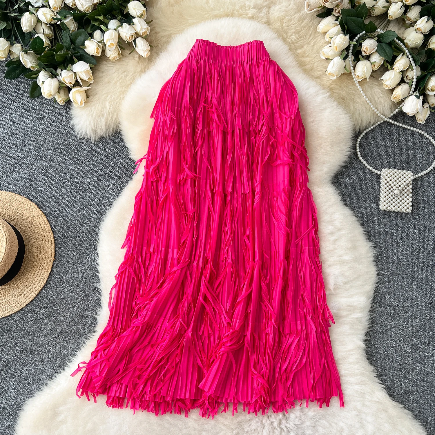 Elegant Tassel Skirt 2025 Woman Fashion Vintage Pleated Layered Skirt French High Street Streetwear Casual Fladas Beach Saia New