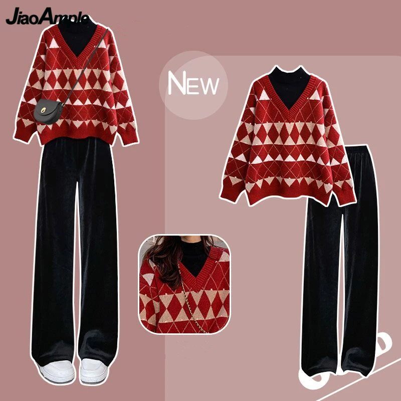 Women's Autumn Winter Red Sweater Wide Leg Pants 1 or Two Piece Set Christmas Lucky Clothing Knit Tops Trousers Suit Lady Gifts