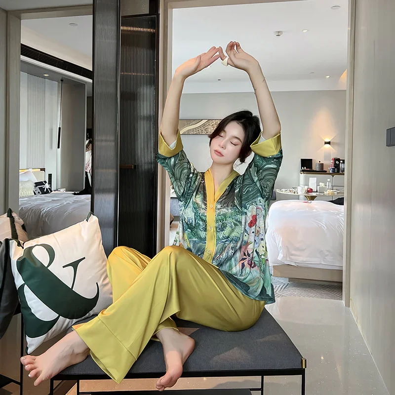 Lisacmvpnel Ice Silk Pajamas Women's Spring and Autumn Long Sleeved Cardigan High Quality Printing Suit Pyjamas