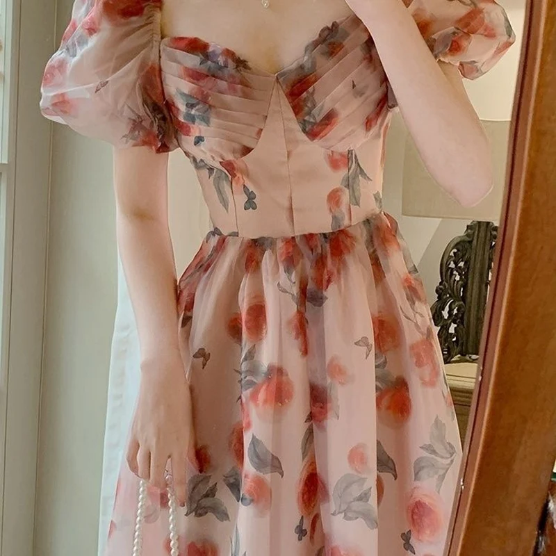 Summer New V-neck Puff Sleeve Maxi Dress Women Chic Floral Summer New V-neck Puff Sleeve Maxi Dress Women Chic Floral