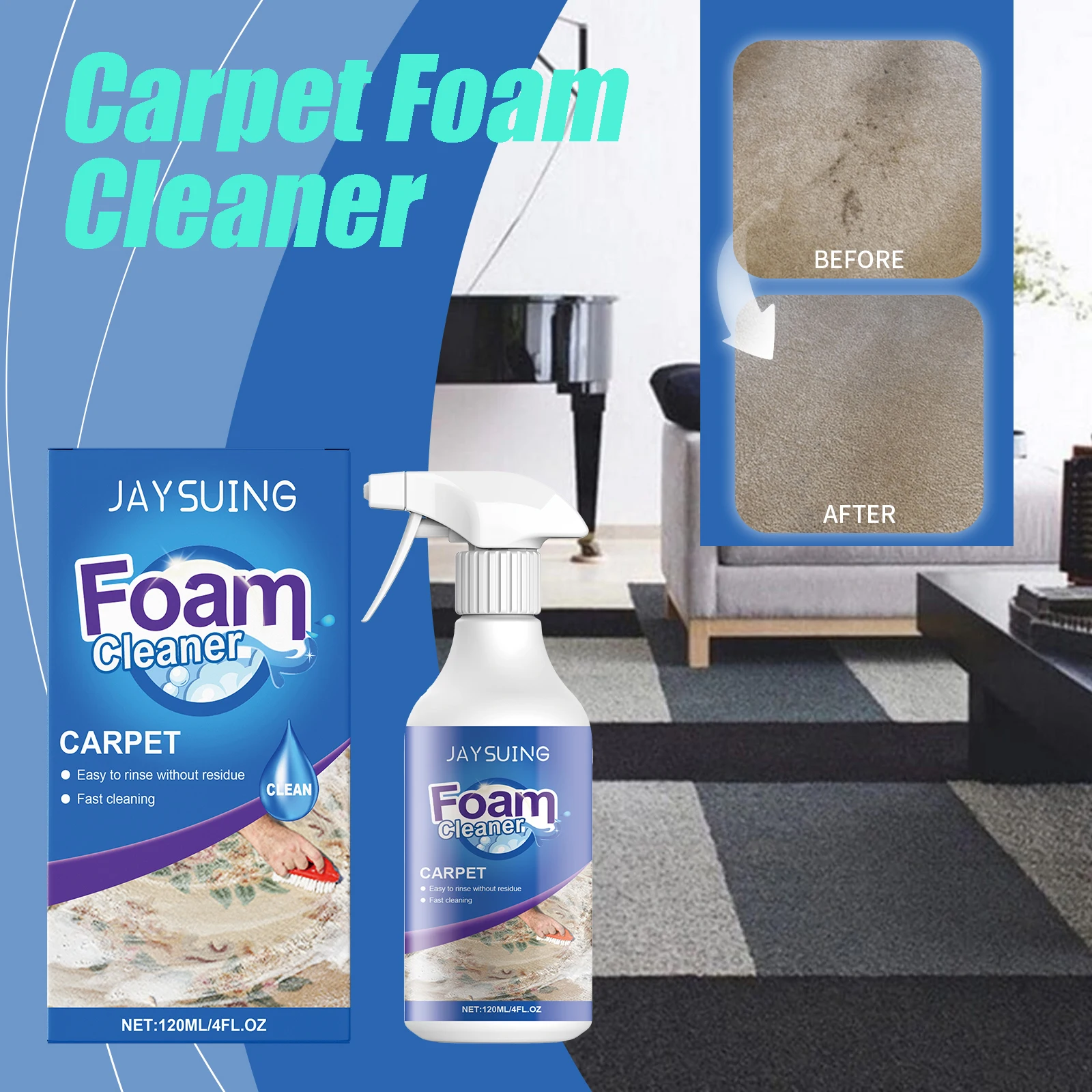 Jaysuing Carpet Foam Cleaner Fabric Sofa Cleaner Foam Easily Remove Stubborn Stains Dry Water-free Cloth Carpet Detergent 120ml