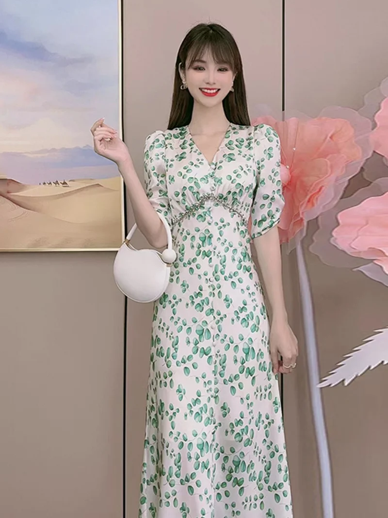 

Temperament Small Fresh Print V-Neck Dress Small and Gentle Style Retro Waist Show Thin and Unique Beautiful Dress Children