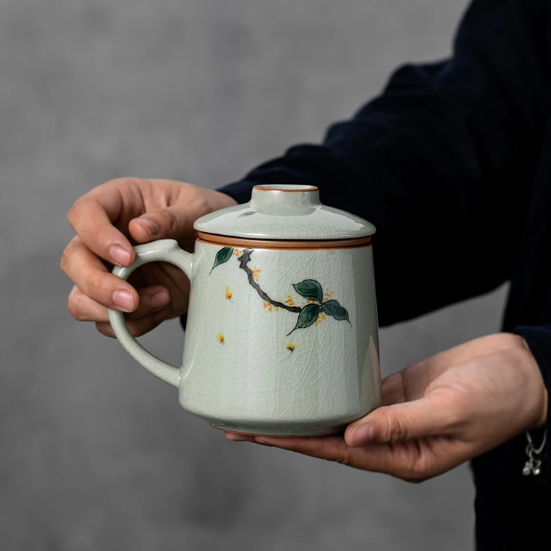 Chinese Style Ceramic Osmanthus Patternt Mug, Home Personal Office Creative Teacup With Cover Filtered Tea Water Separation, 1Pc