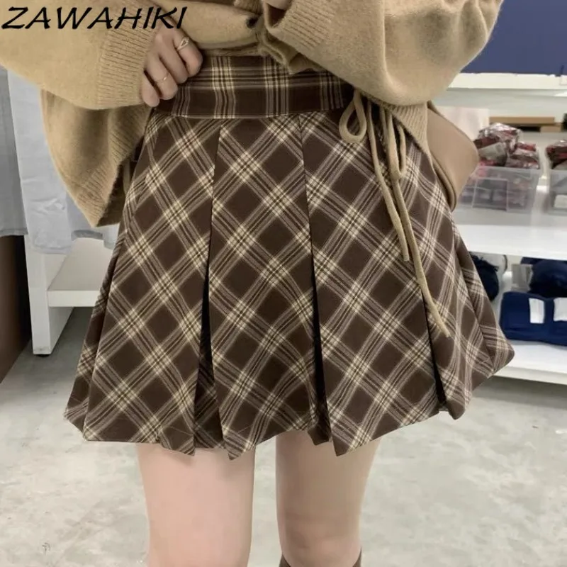 

ZAWAHIKI Short Skirt for Women Spring Fall Preppy Plaid High Waist Fashion All Match A-line Vintage Chic Designed Pleated Faldas