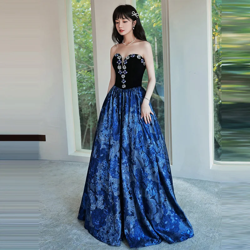 

New Arrival Blue A-Line Lace Up Floor-Length Appliques Satin Formal Dress Strapless Short Sleeve Elegant Dress Woman Party A2771
