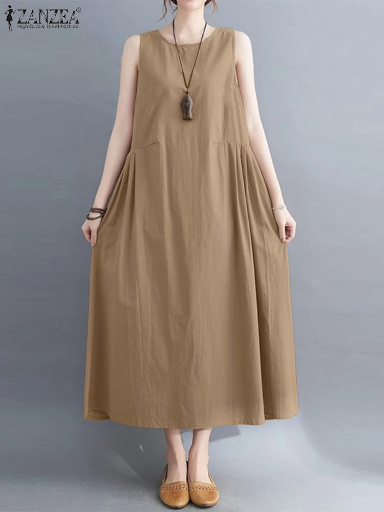 

ZANZEA Summer Maxi Long Dress Women Oversize Sundress Casual O Neck Sleeveless Vestidos Femme Elegant Dresses Vintage Robe