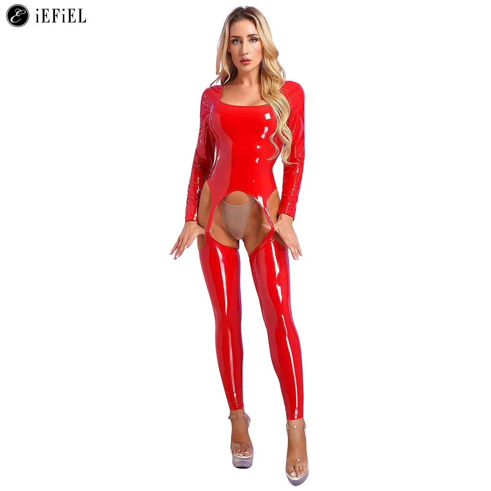 

Women's Patent Leather Cutout Full Body Suit Long Sleeve Open Crotch Jumpsuit Sexy Hollow Out Catsuit Pole Dancing Clubwear