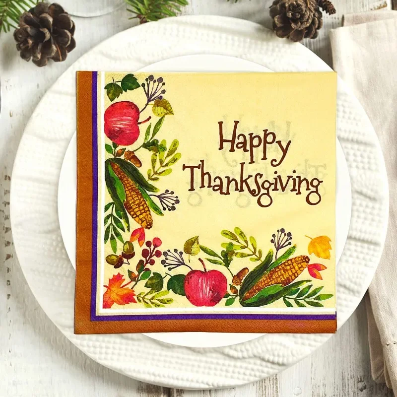 10/20pcs 33cm Thanksgiving Elements Corn Maple Leaf Vegetables Fruit Brown Edge Yellow Background Thanksgiving Coloured Napkins