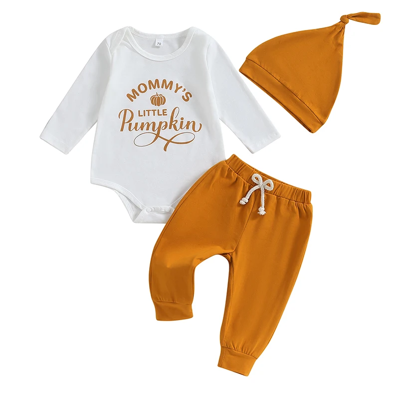 

Baby Boys 3PCS Pants Sets Long Sleeve Letter Pumpkin Print Romper and Solid Color Drawstring Pants Hat Sets