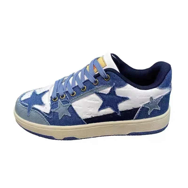 

QIWN Denim Blue Stars Sneakers Patchwork Canvas Shoes Breathable Thick Heels Sneakers Y2K Casual Running Platform For Student