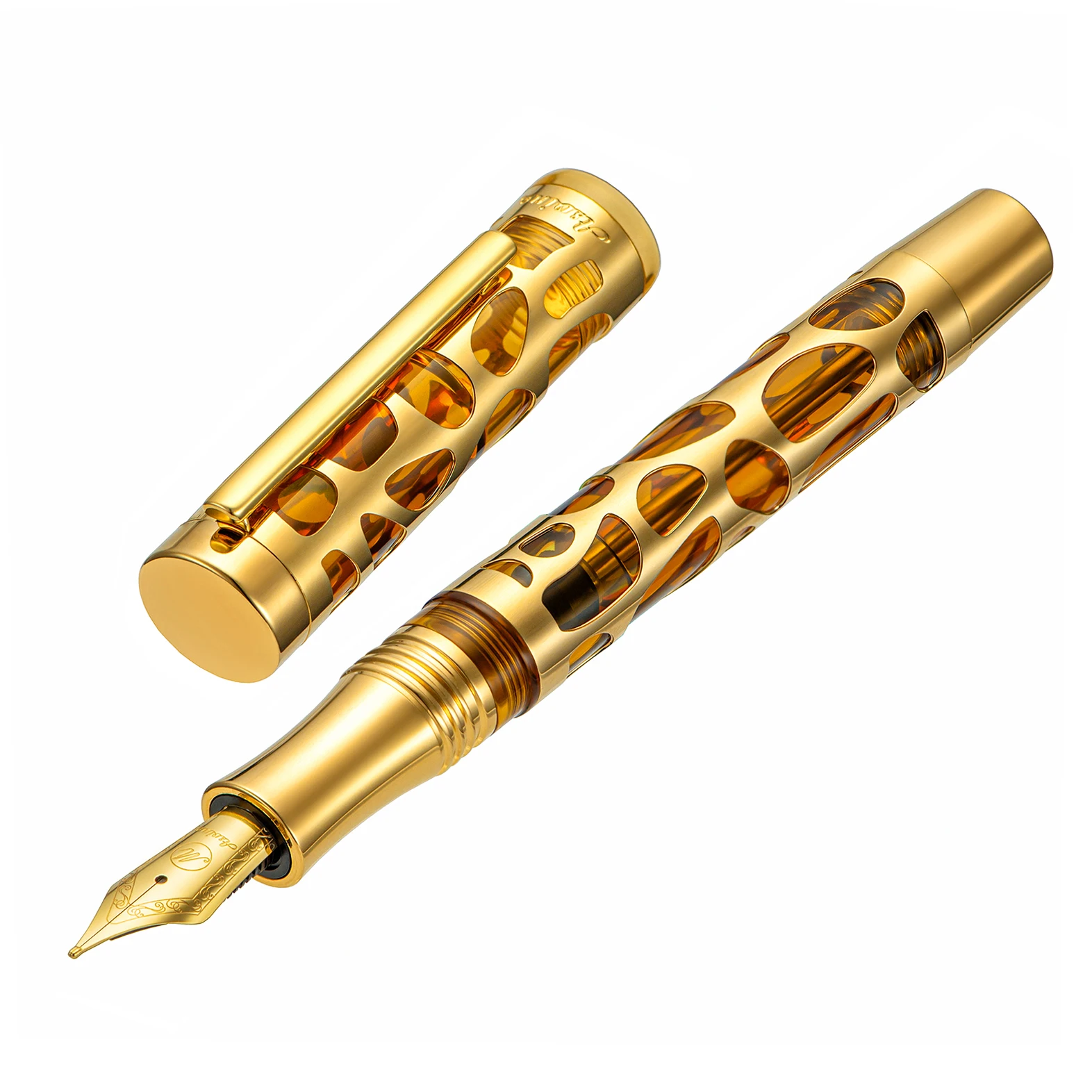 Asvine V169 Vacuum Fountain Pen EF/F/M Transparent Brown-Golden Acrylic Hollow Carved Water Drop with Box Writing Gift Set