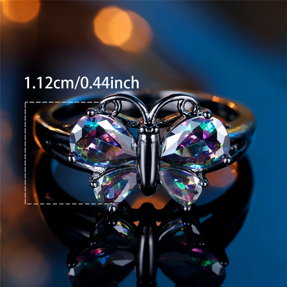 Trendy Cute Female Rainbow Zircon Stone Butterfly Ring Vintage Fashion Black Gold Color Wedding Jewelry For Women
