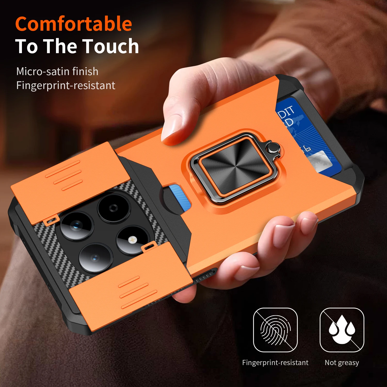 Card Slot Wallet Case with Slide Camera Protector, Magnetic Ring Holder, and Shockproof Armor Cover