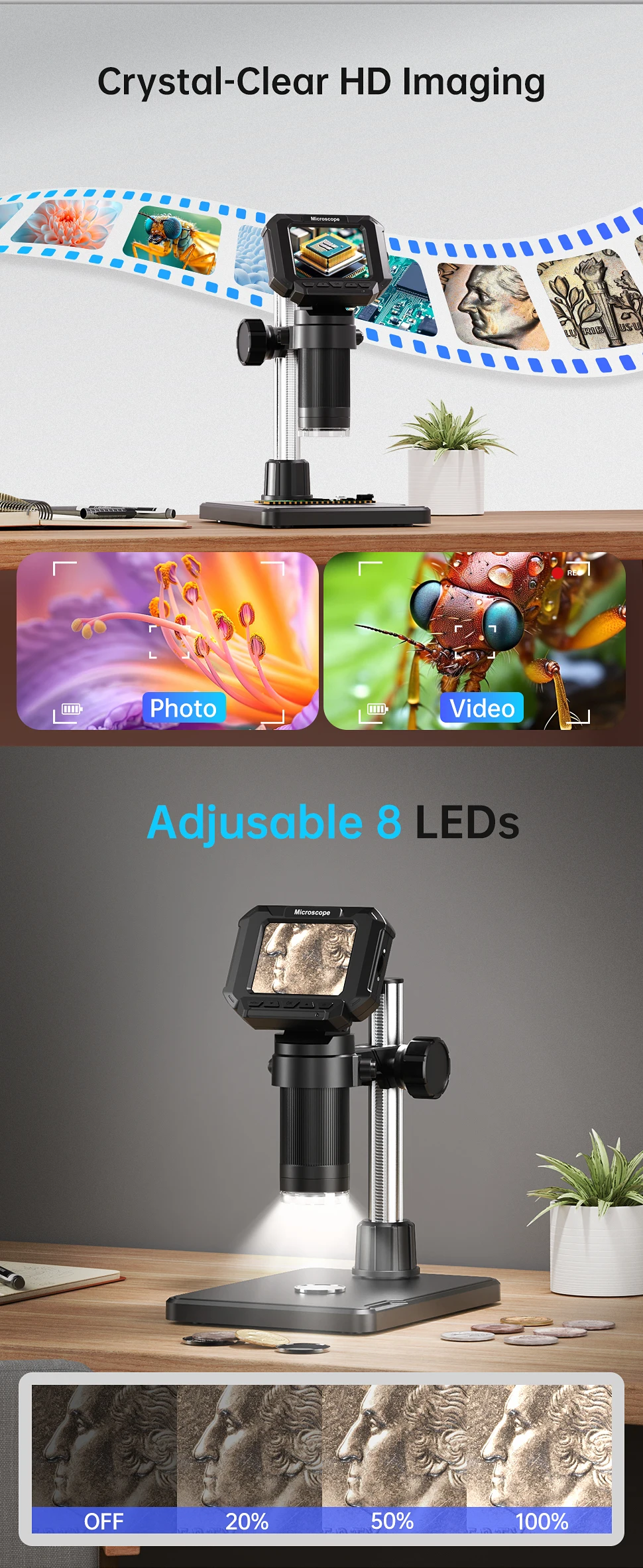 Digital Microscope 2.4inch USB Microscope for Electronic, Edcation, Repair, Coin