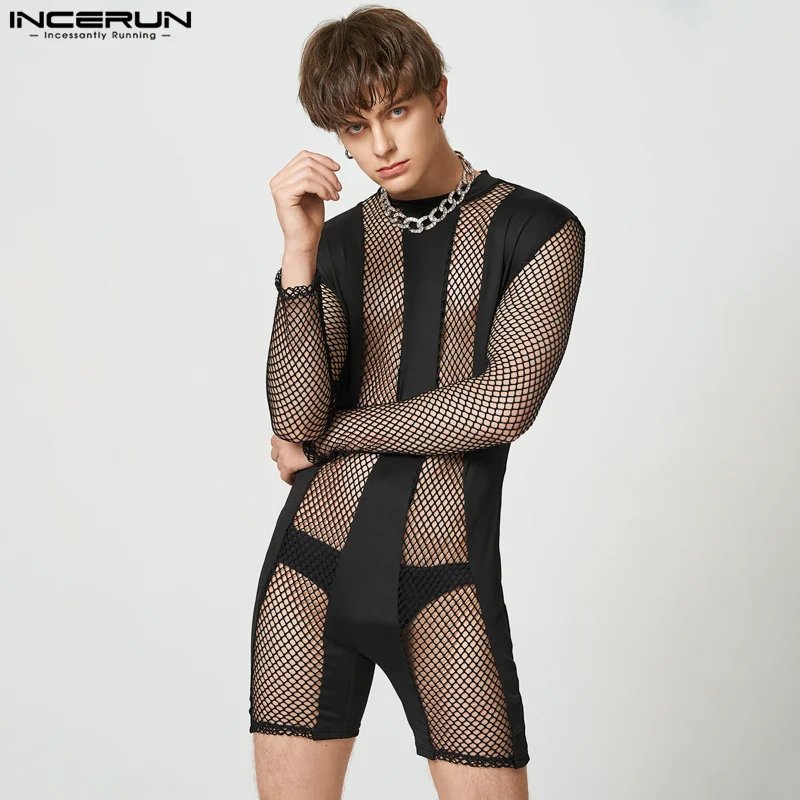 INCERUN Casual Party Hot Sale Homewear New Men's See-through Mesh Bodysuit Sexy Splicing Solid Long-sleeved Thin Jumpsuit S-5XL