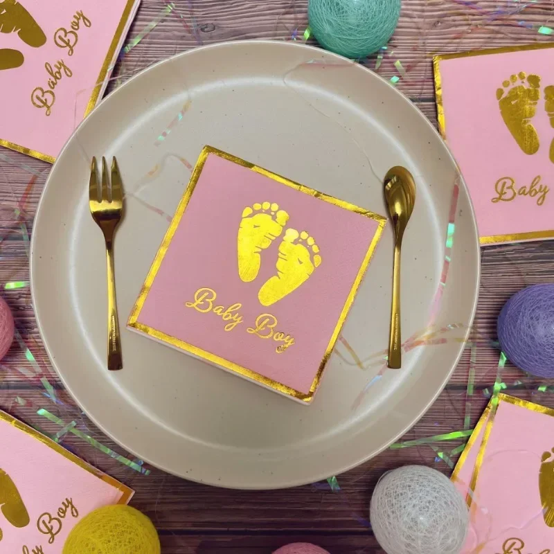 20pcs 25*25cm 2-Ply Golden Little Foot BabyBoy Napkins Hotel Printed Tissue Paper Creative Party Hot Stamping Decoration Paper