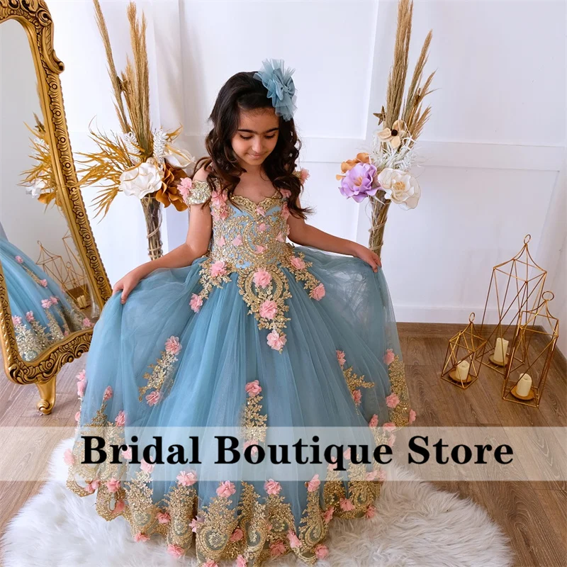 

Luxury Flower Girl Dress For Wedding Lace Appliques Crystals Mexico Quinceanera Dress For Kids Bow Christmas Ceremonial Dress