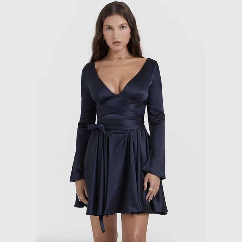 

Style Autumn and Winter New Women's FashionVCollar Sexy Backless Lace up Waist-Tight Elegant Dress for WomenCok